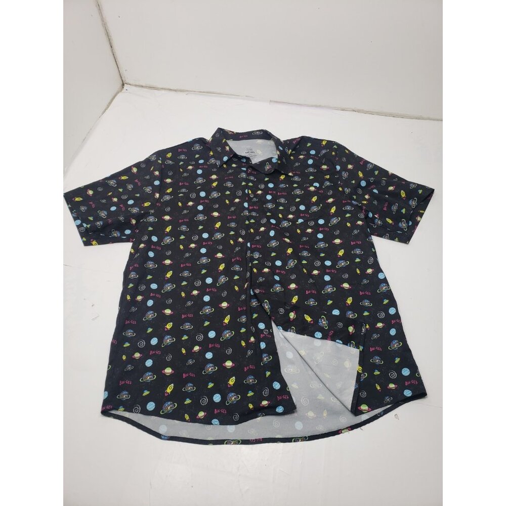 Buc-ees Button Up Shirt Mens 3XL Black Space UFO Stars Planets Lightweight